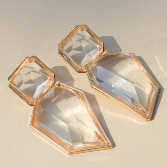 Gold statement earrings Oversized crystal clear geometric cocktail prom 💖 - Picture 9 of 16
